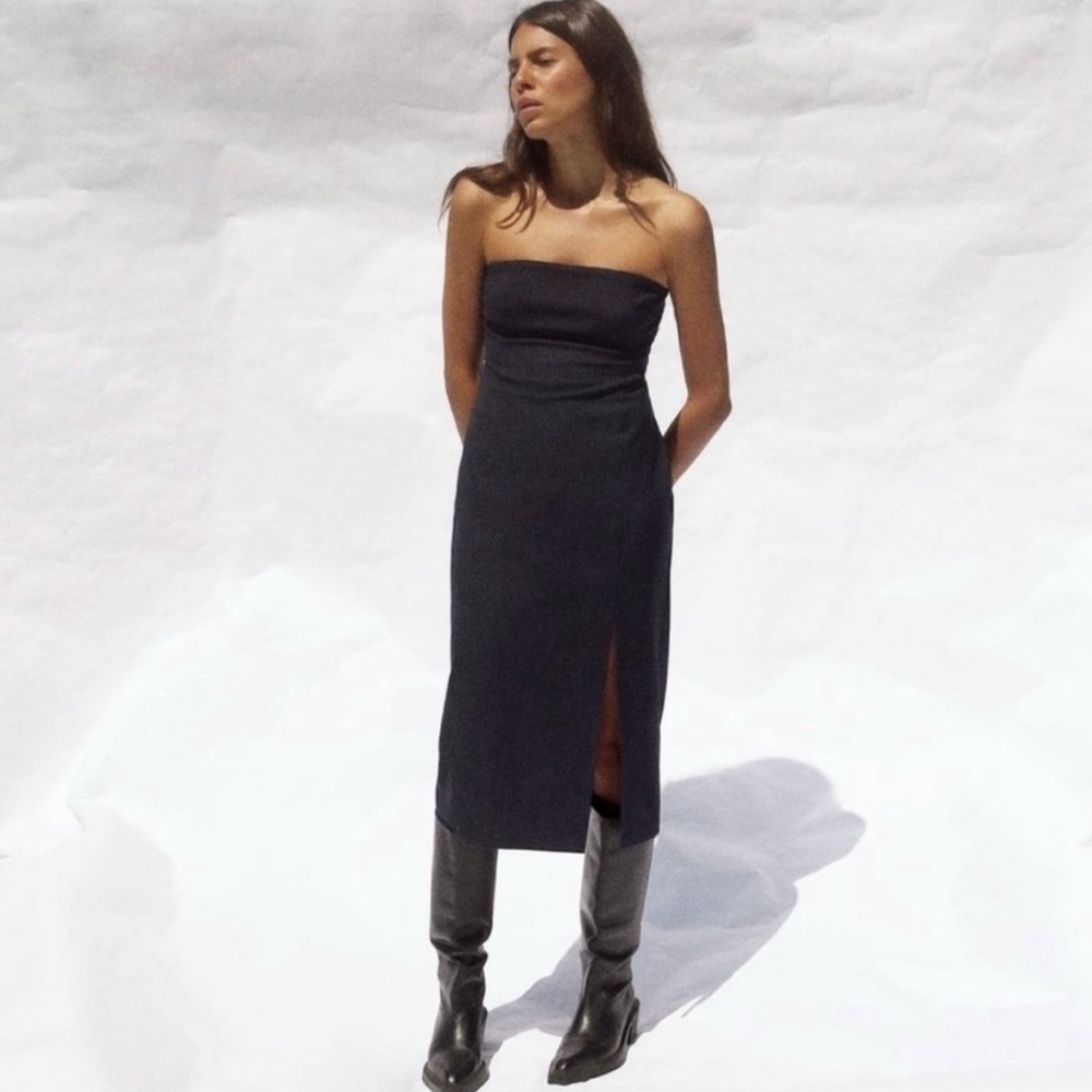 Zara Black/Ecru Pinstripe Strapless Midi Dress Size XS
